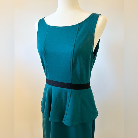 Teal Peplum Dress, Sleeveless, Pencil Skirt, Stretch Knit - size Medium - Picture 2 of 6
